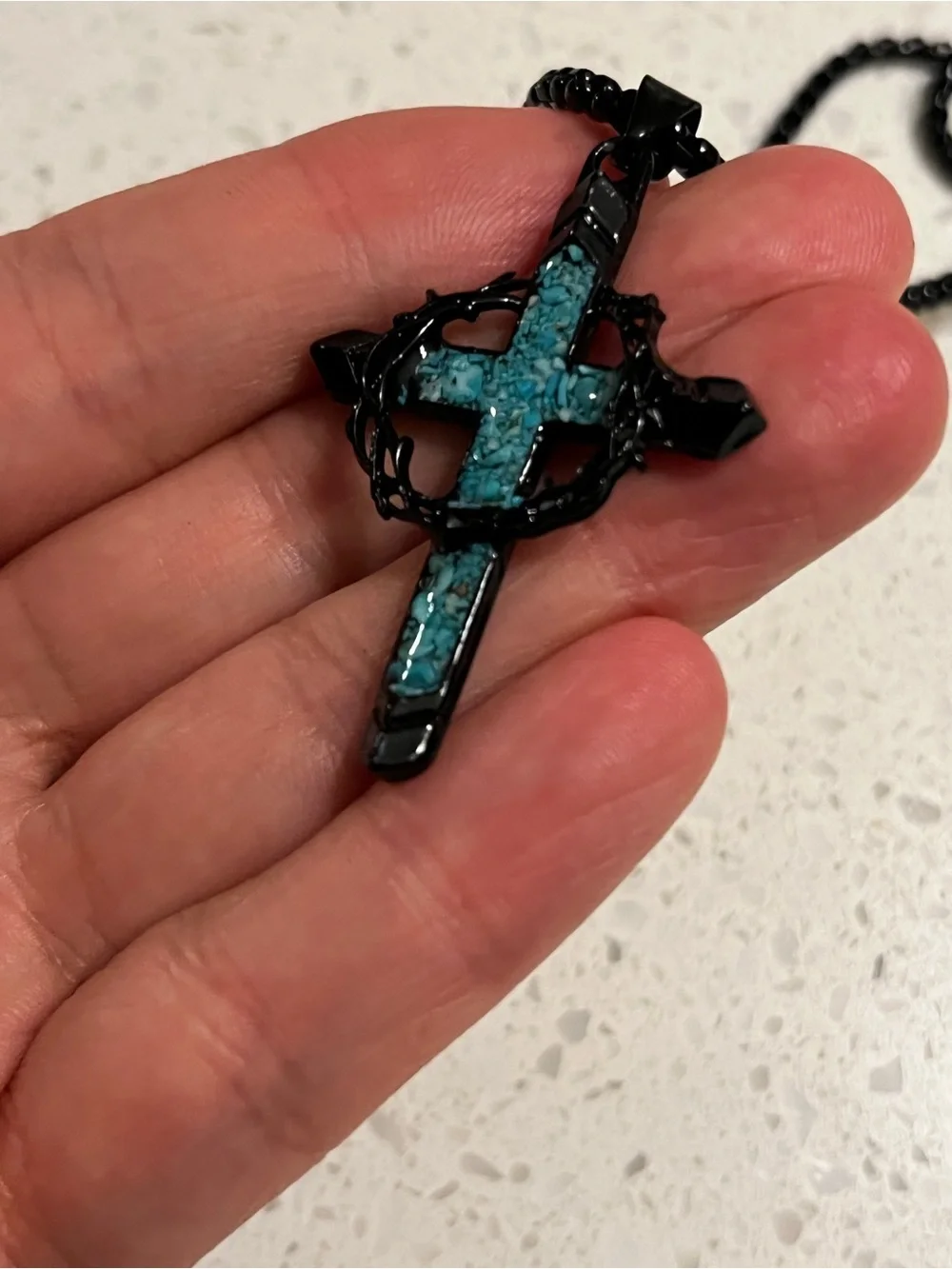 Thorn Wrapped Cross Faux Turquoise Necklace with PRINT of inlay turquoise stone